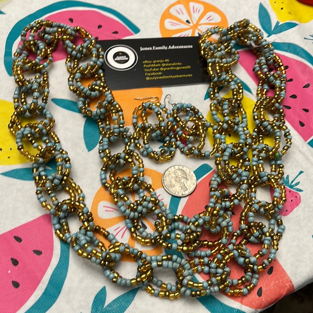 Gold/Blue Beaded Double Ring Infinity Necklace Wi… - image 1